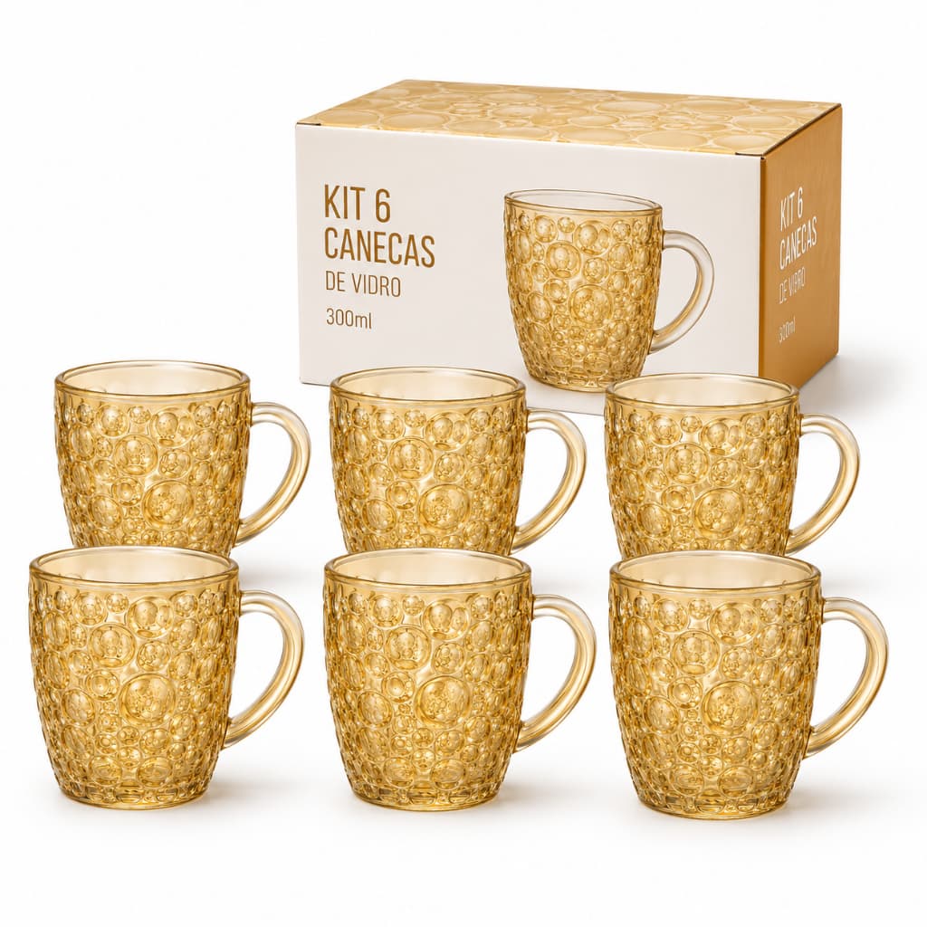 Canecas de Vidro Douradas Texturizadas Jogo 6 Peças 200ml Café Cappuccino