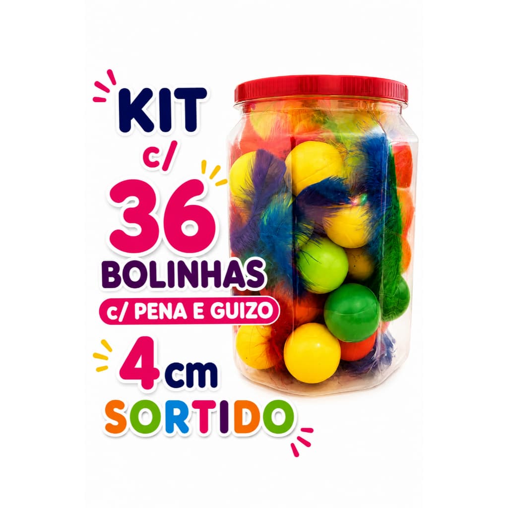 Kit 36 Bolinhas Brinquedo Interativo Pets Gatos Calopsitas 4cm Penas Guizo Divertido Antiestresse Estímulo Caça