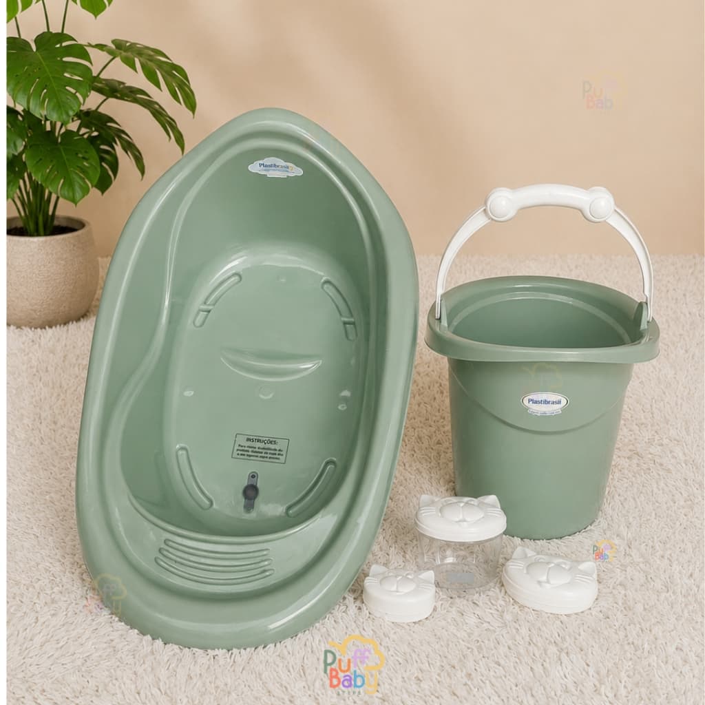KIT BANHEIRA DE BEBE 5 ITENS COM BALDE OFURÔ 11L PORTA ALGODÃO E SABONETEIRA MENINO MENINA BEBE