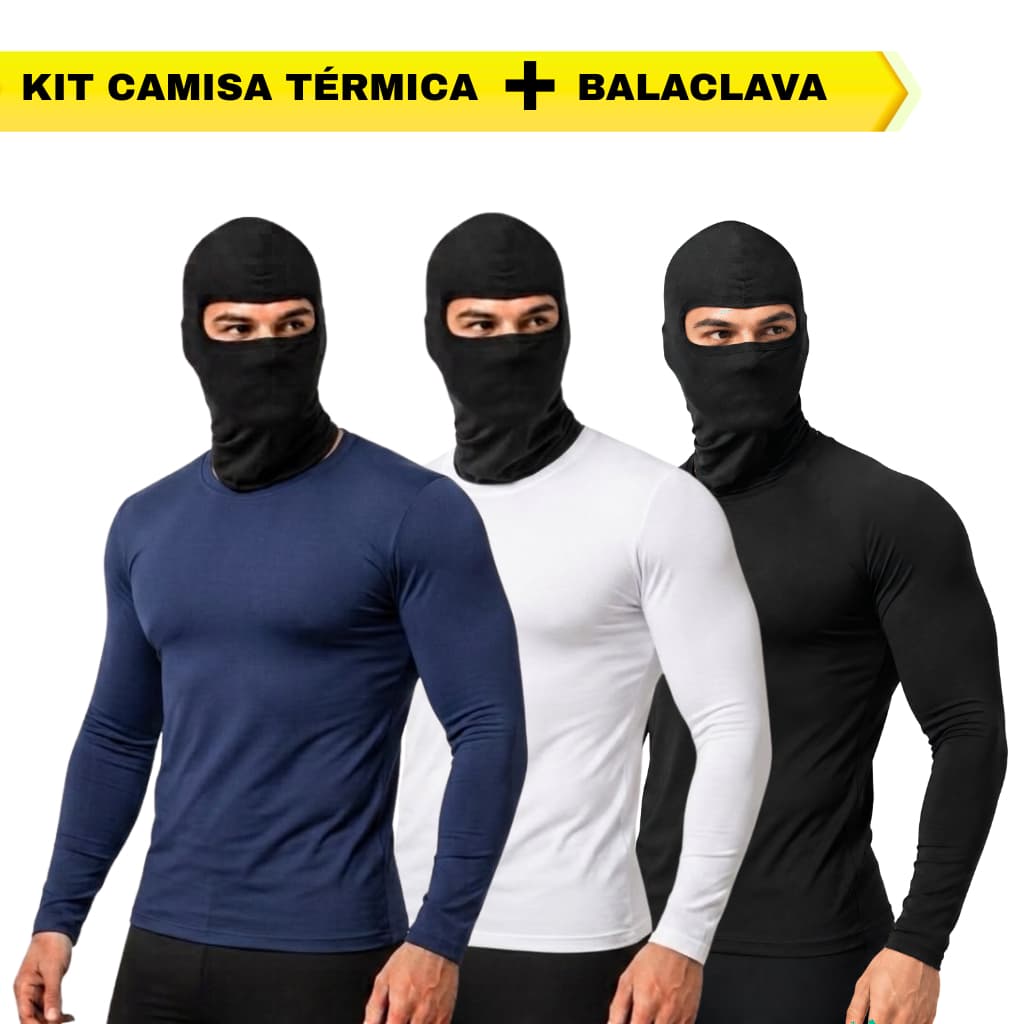 Kit Camisa Térmica Masculina Segunda Pele Proteção Solar + Touca Ninja Balaclava Motoqueiro Mascara Facial Uv Ciclismo