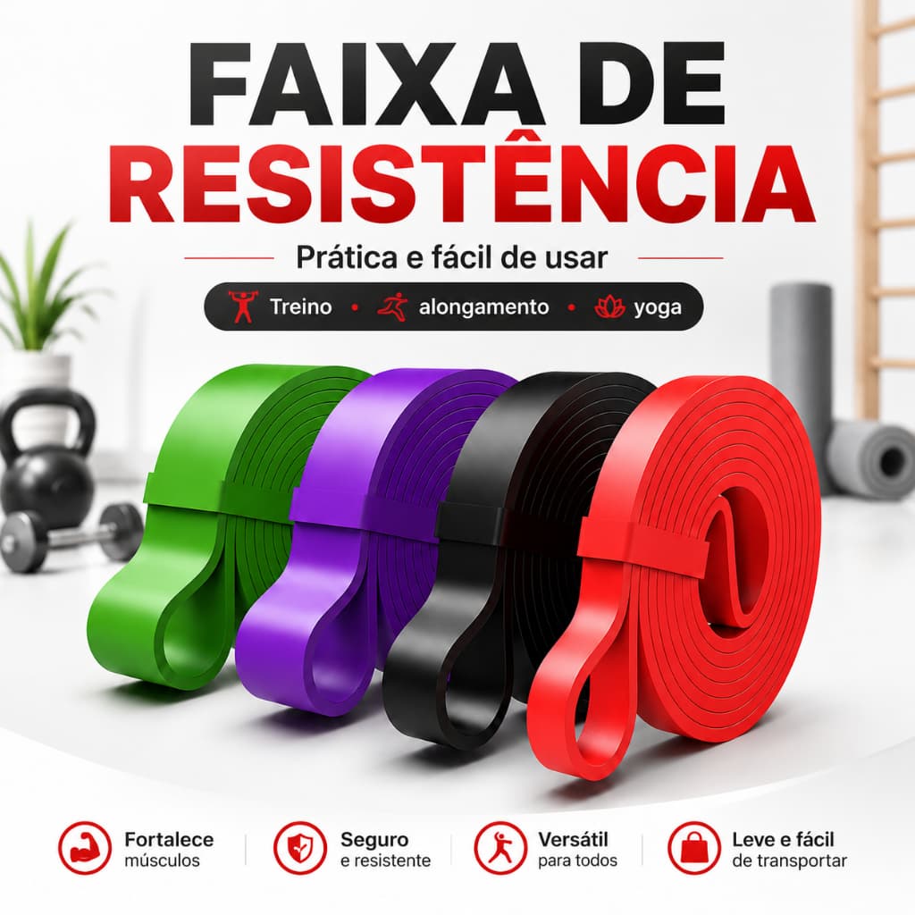 Kit 4 Faixas Elásticas Super Band Resistência para Academia Crossfit Treino em Casa Exercícios