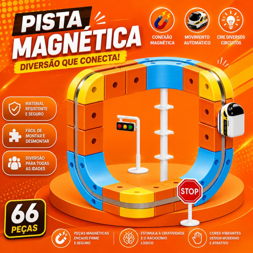 Trem Magnético Pista Versátil 66 Peças com Trilhos 3D Flexíveis – Circuito Educativo Recarregável USB