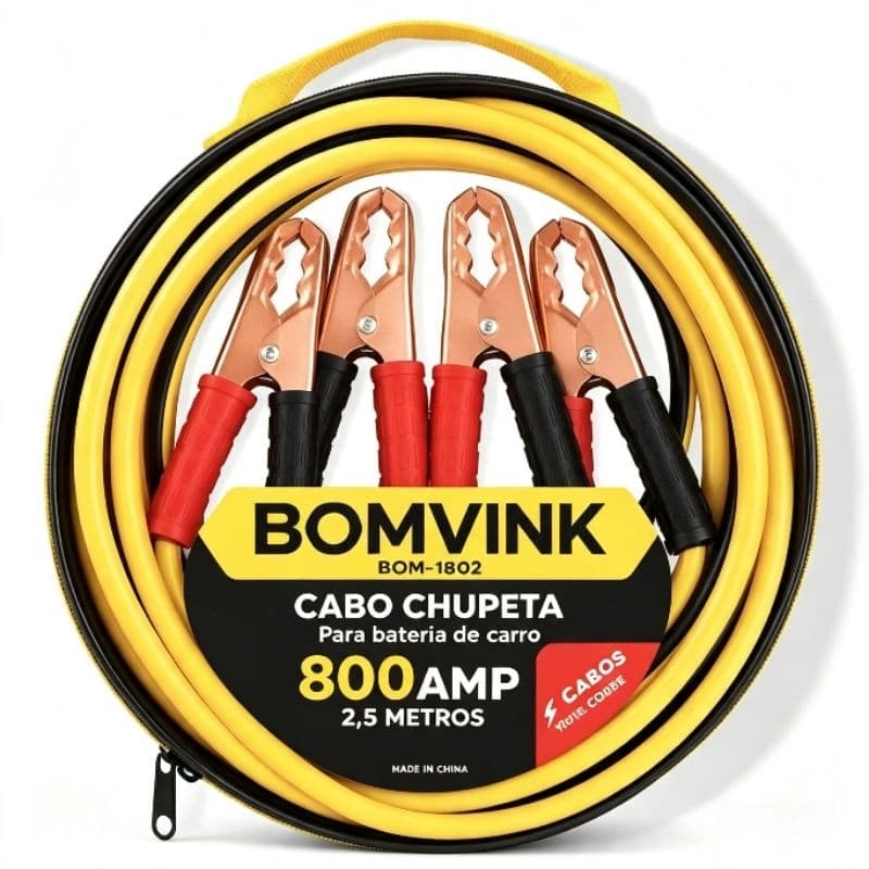 Cabo Chupeta 800A 2,5 Metros BOMVINK BOM-1802 | Cabo Auxiliar Partida Bateria Carro Carga Rápida Resistente