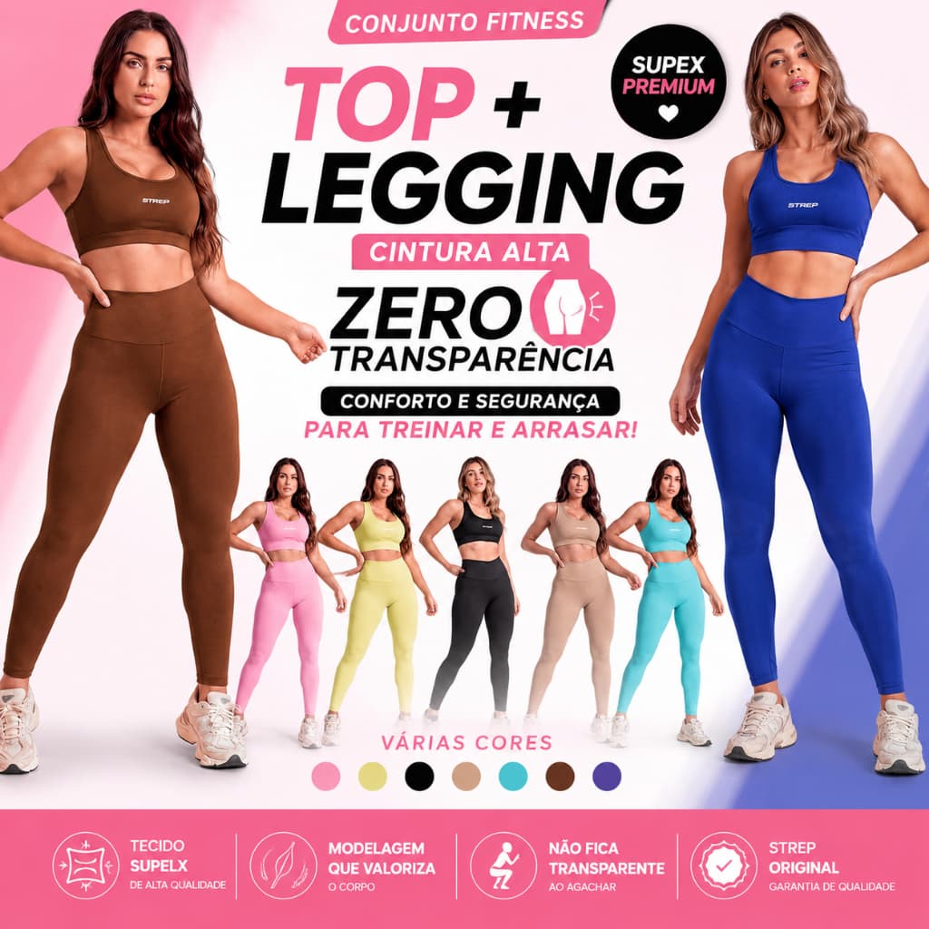 Conjunto Academia Feminino Top Fitness + Legging Cintura Alta Zero Transparência Suplex Strep Várias Cores