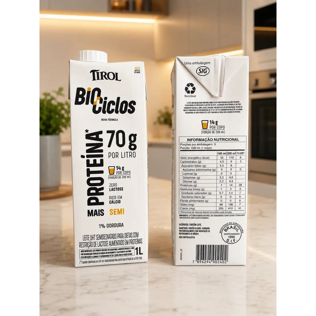 Kit 2 Caixa Leite Bio Ciclos Tirol Mais Proteína 70g Por Litro Zero Lactose Semidesnatado 2L Total