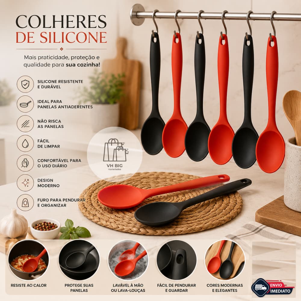 KIT 2/3/4 Colher de Silicone Arroz Utensílios de cozinha resistente ao calor vermelha ou preto