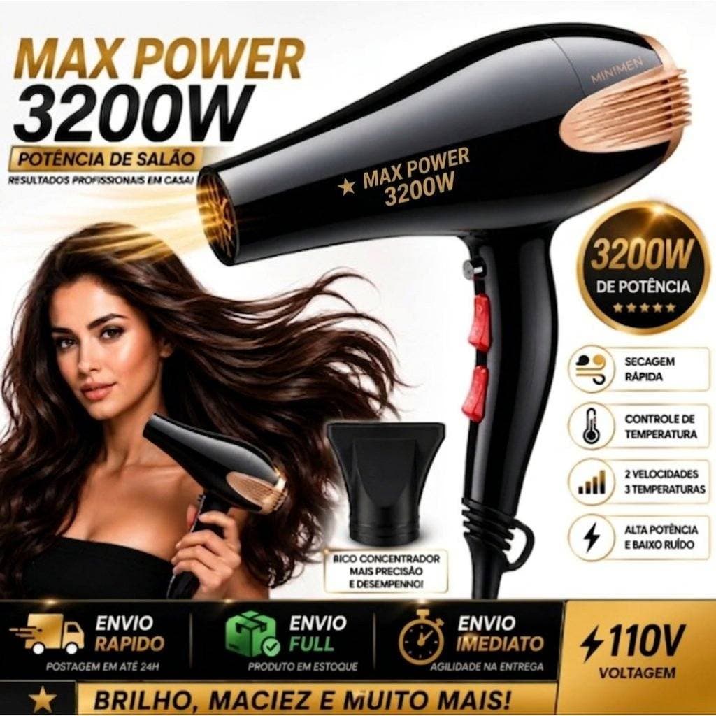 Secador Potente Max Power 3200W Salão Cabelo 110V Secador de Cabelo Ultra Mega Top