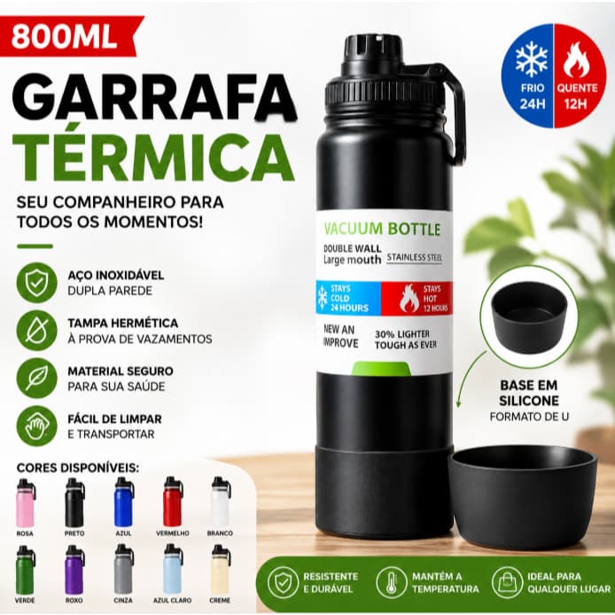 Garrafa Térmica 800ml Aço Inox 316 com Alça e Base de Silicone | Garrafa Esportiva Água Quente e Fria