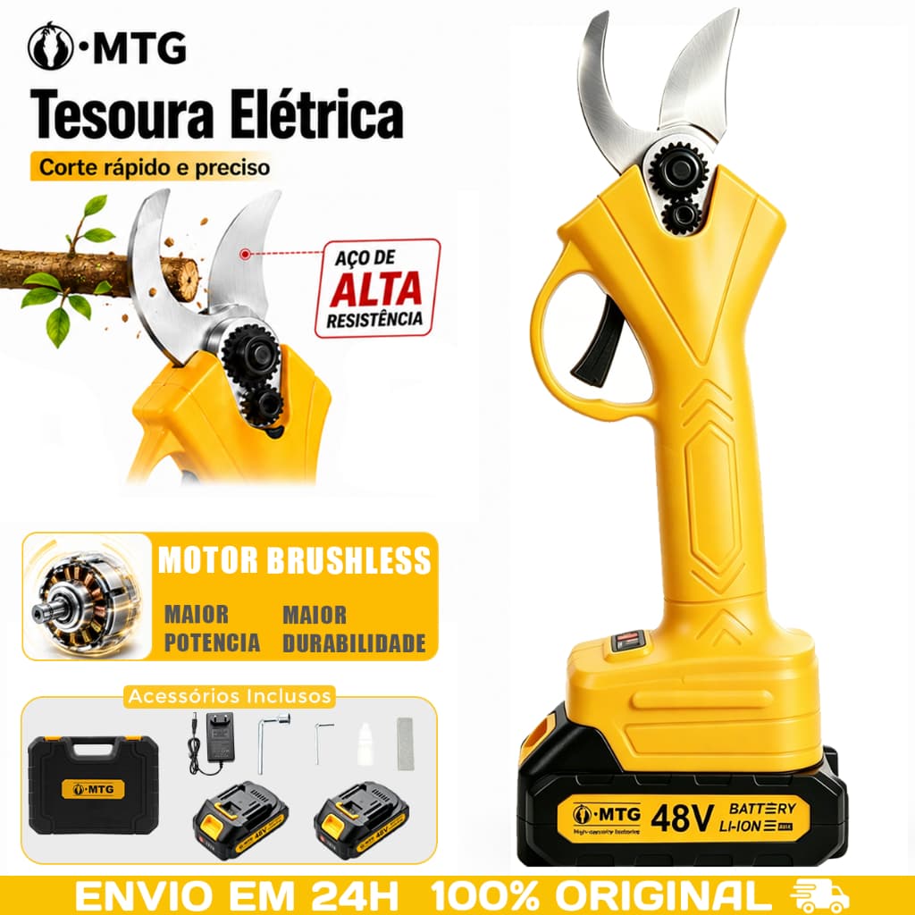 Tesoura de Poda Elétrica Sem Fio 25mm Motor Sem Escova 48V com 2 Baterias