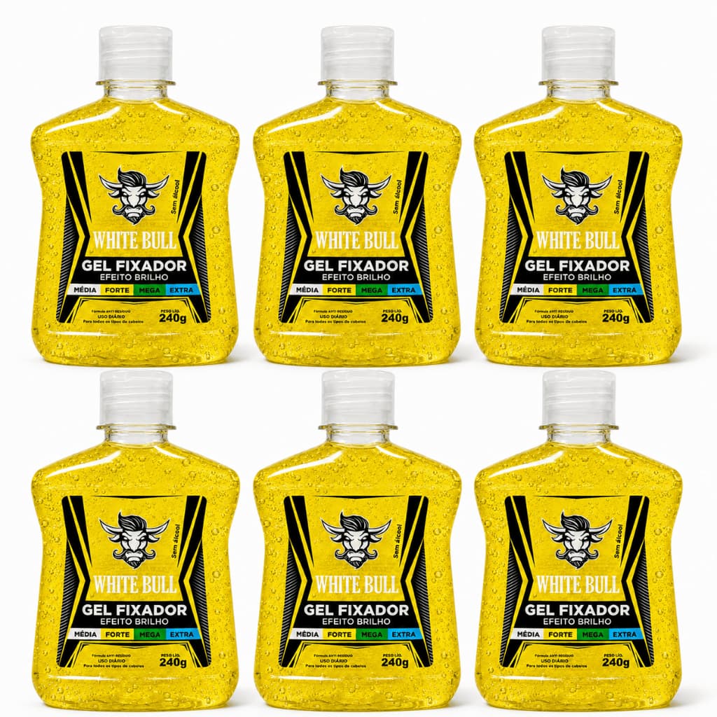 Kit c/ 6 Gel Fixador Forte Efeito Brilho 240g - White Bull Gel de Cabelo Masculino Fixação Forte Brilho