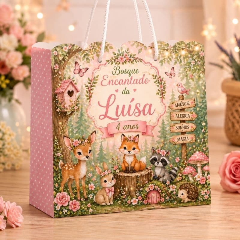 Kit Sacolinha Personalizada Tema Bosque Encantado Menina