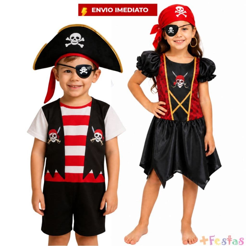Fantasia Pirata Infantil Menino Menina Chapéu Bandana Tapa Olho Acessórios Festa Dia das Crianças