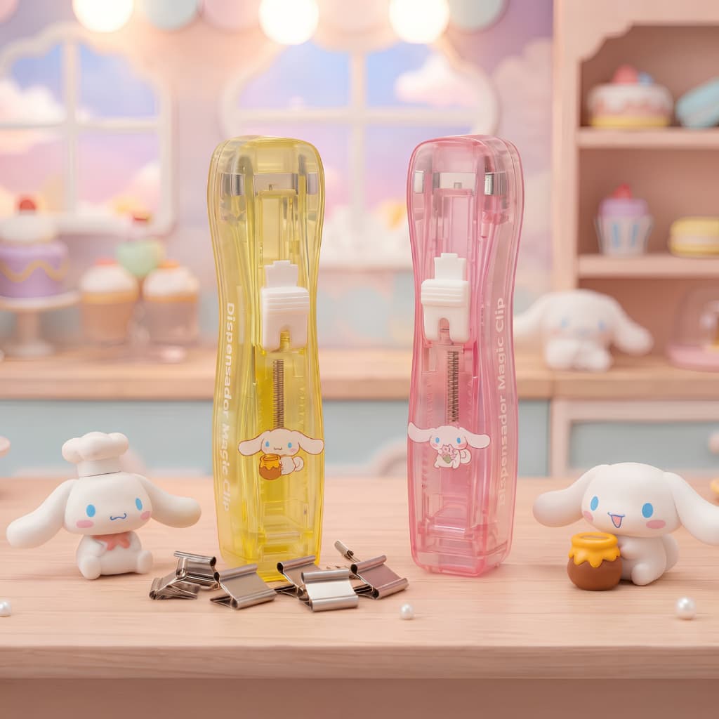 Dispensador de Clipes Fofo em Personagem Kawaii e Clips Reutilizáveis para Organização de Papéis