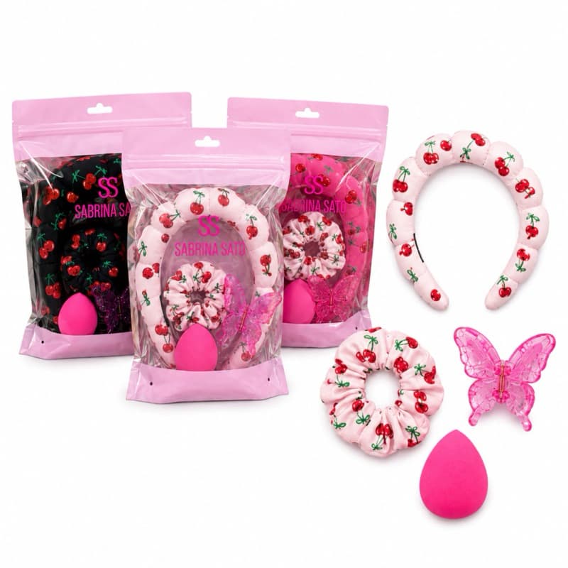 Kit Acessórios Sabrina Sato Cerejinha 4 Peças – Tiara, Scrunchie, Presilha Borboleta e Esponja