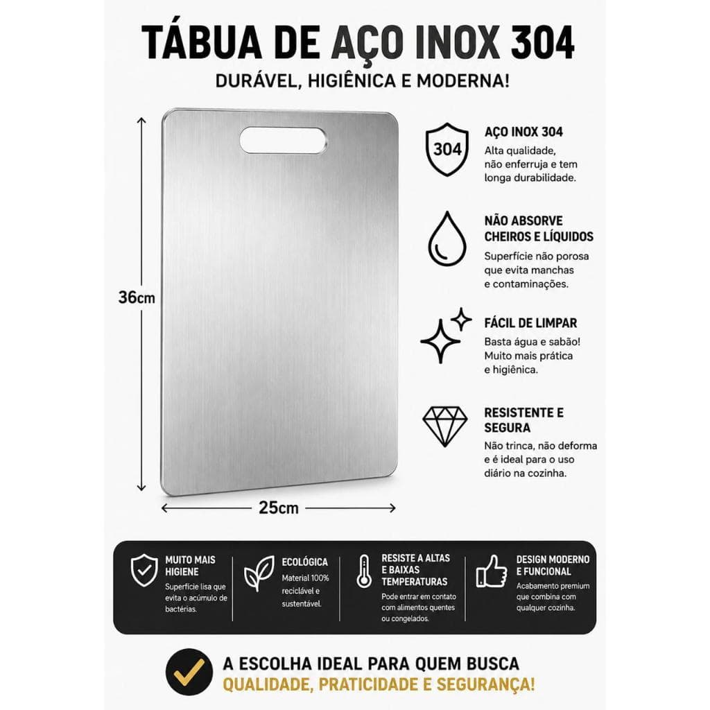 Tábua de Corte Aço Inox 304 Antibacteriana Antimofo Fácil de Limpar Cozinha 36 X 25 cm
