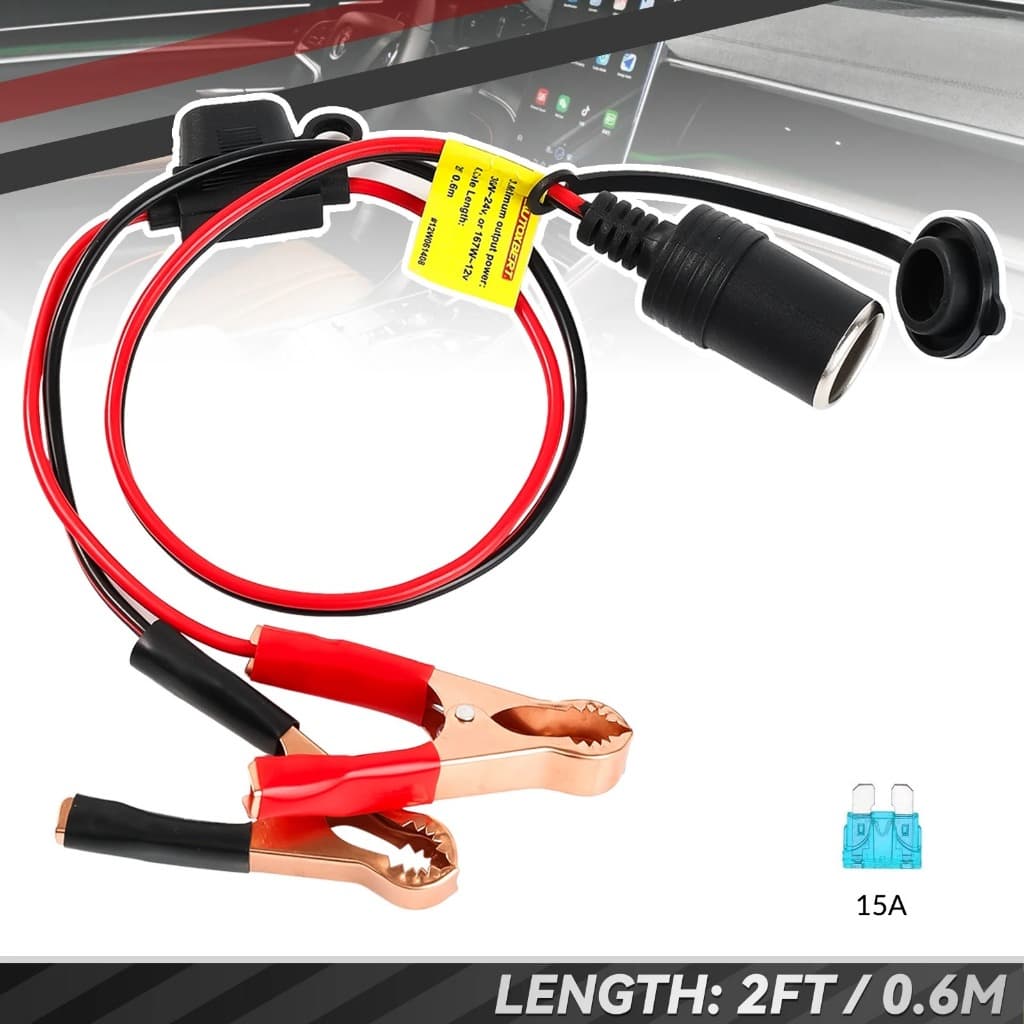Cabo Adaptador Tomada 12V Automotiva com Garras Jacaré e Fusível 15A para Bateria Carro Moto