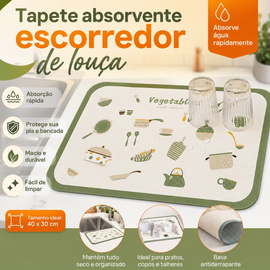 Tapete Escorredor de Pratos Absorvente 40x30 para Pia Individual Cozinha Casa