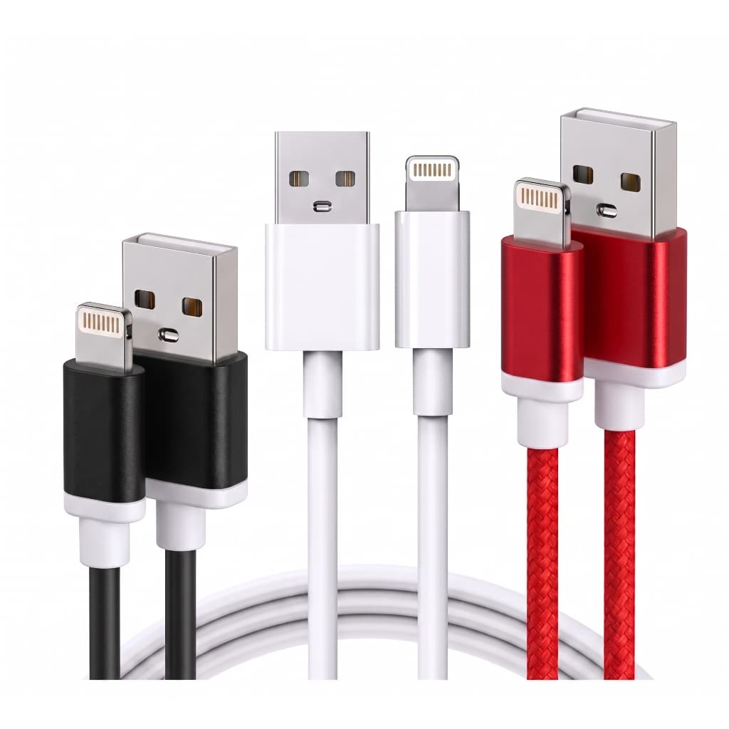 KIT 3 CABOS USB LIGHTNING - CORES VARIADAS (PRETO//BRANCO/VERMELHO)