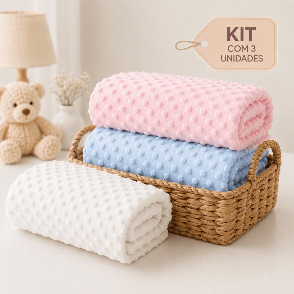 Kit 3 Mantas Soft Pipoquinha 1,00x0,80 Infantil Saída Maternidade Carrinho Enxoval