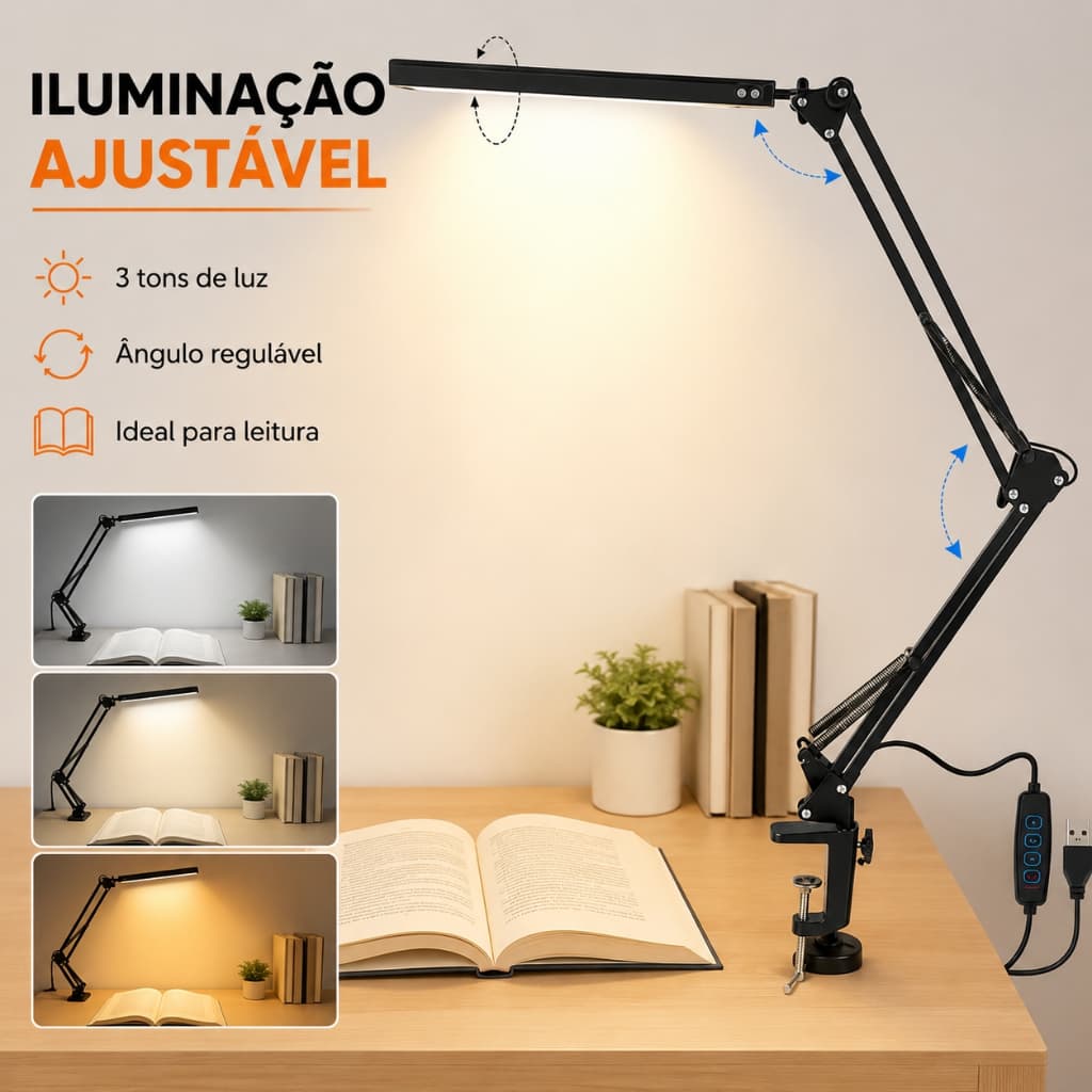 Luminária de Mesa Articulada Regulável com garra