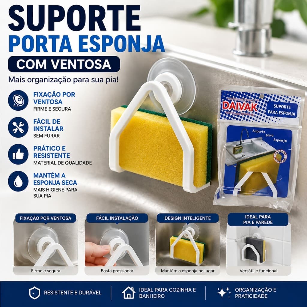Suporte Porta Esponja De Pia Com Ventosa para Pia de Cozinha ou Parede Porta-Bucha Sem Furo Banheiro Organizador