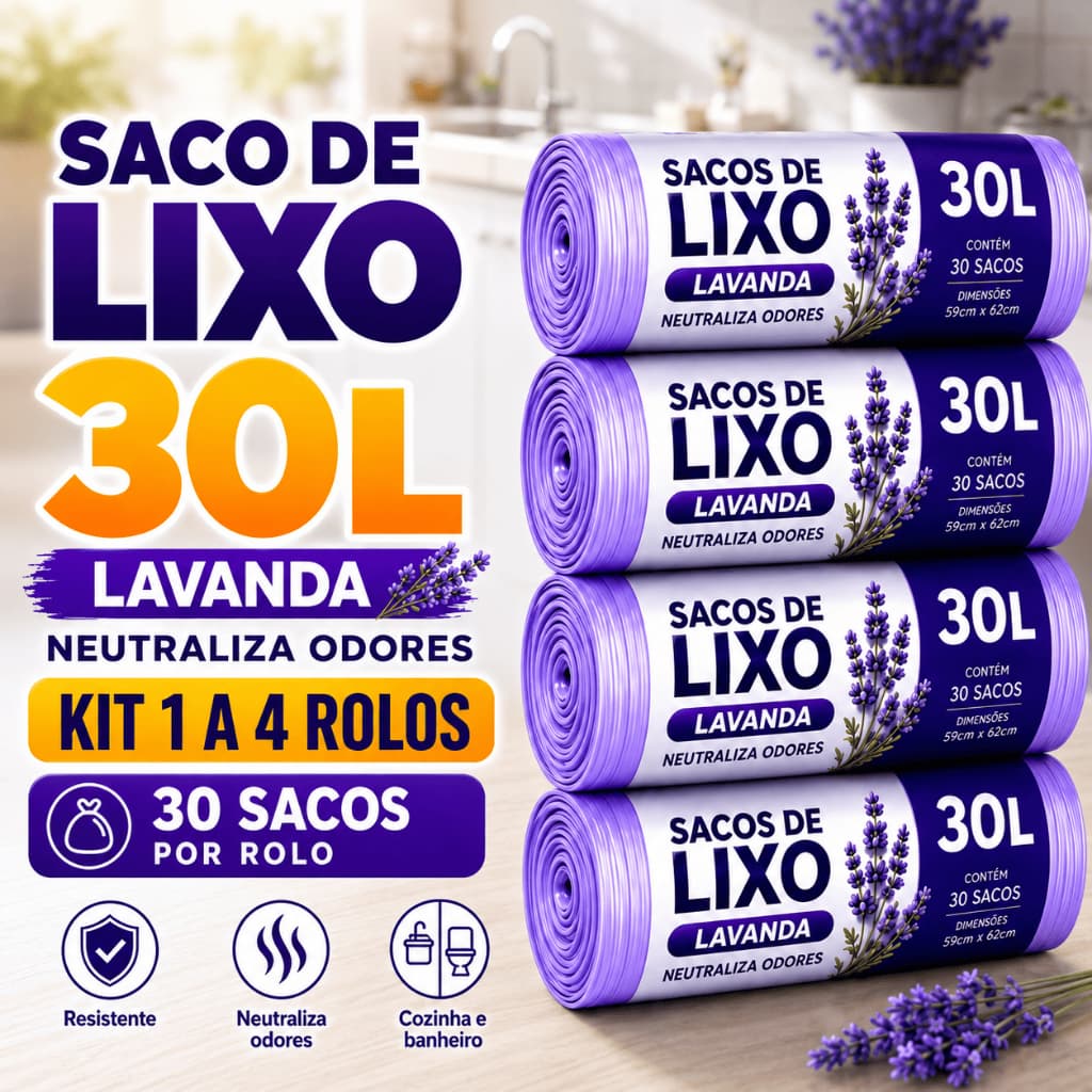 Saco de Lixo 30L Perfumado Lavanda Reforçado Neutralizador de Odor Cozinha Banheiro Uso Geral