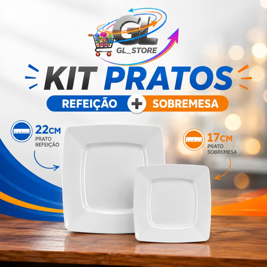 Kit Pratos Quadrados Plástico Refeição 22cm + Sobremesa 17cm Branco Festa Churrasco Jantar