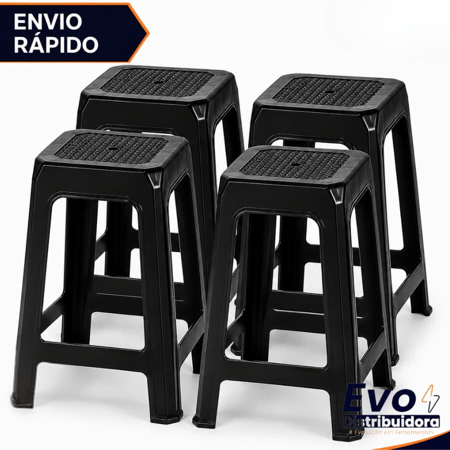 Kit 04 Unidades Banqueta Preta Plástica Reforçada Até 120Kg