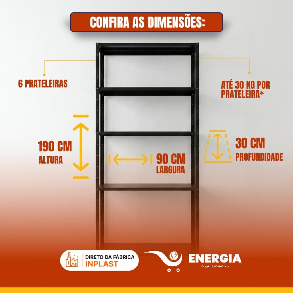 ESTANTE DE AÇO 6 PRATELEIRAS 190X90X30CM 30KG MULTIUSO PRETA