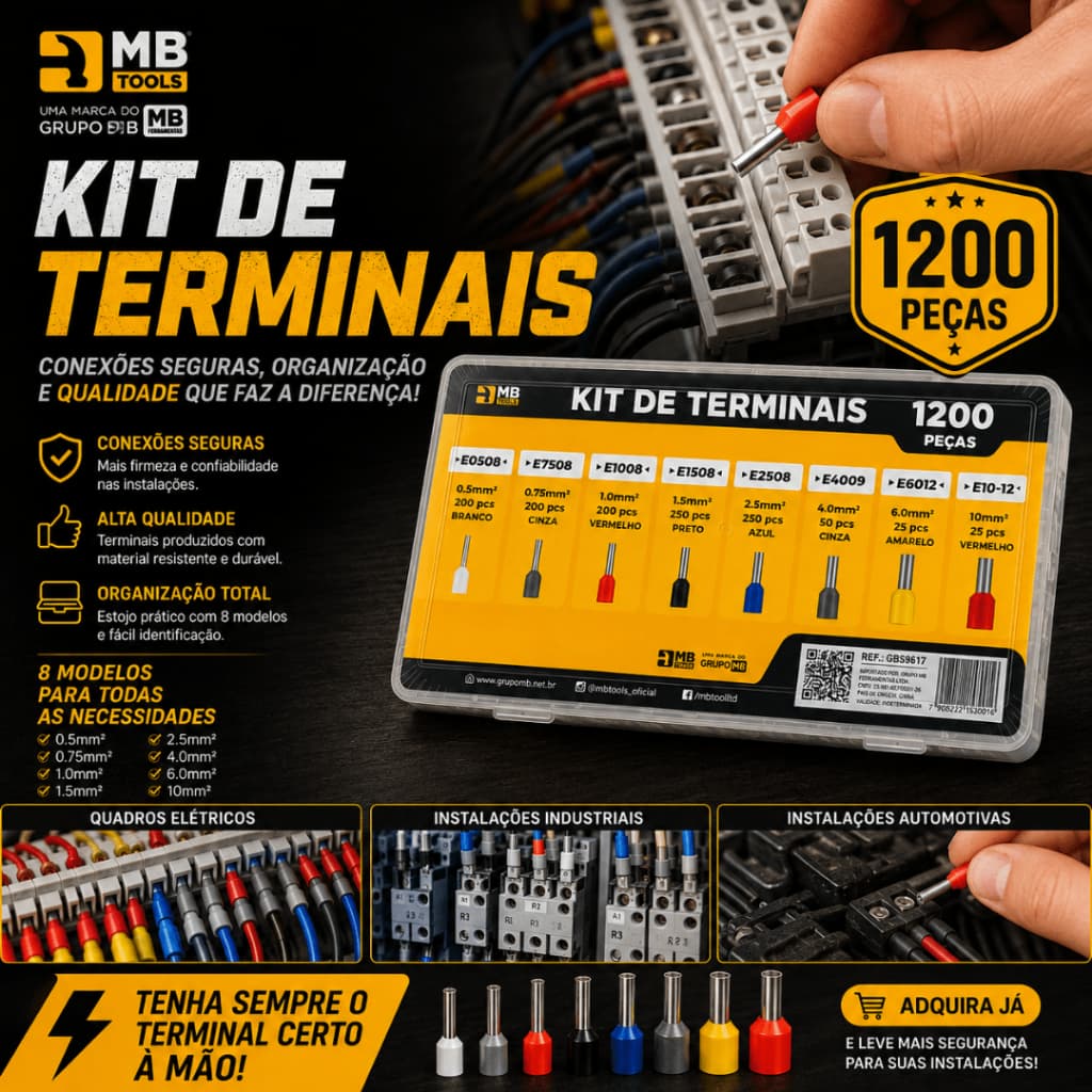 Kit Maleta 1200 Terminais Elétricos Ilhós Tubular 0,5mm a 10mm Conector Fio Cobre Isolado Acessórios