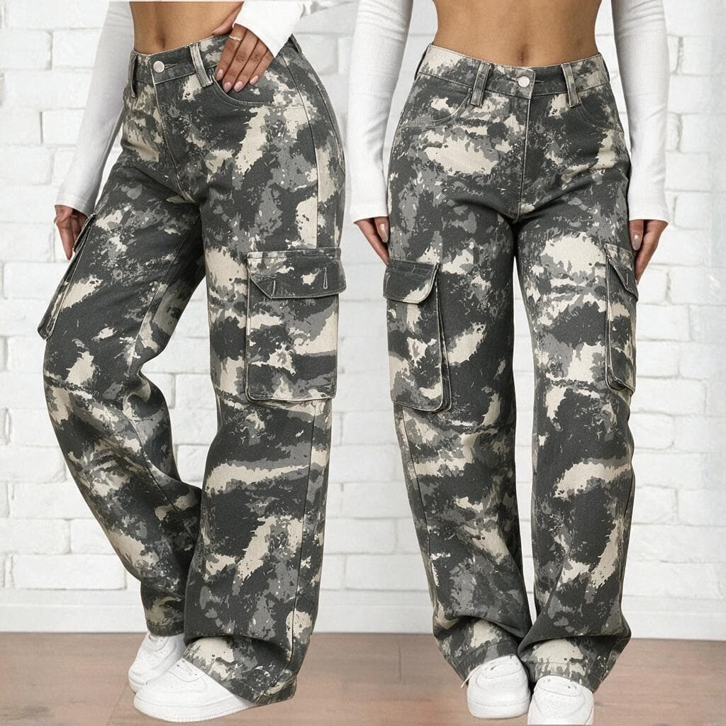 Calça Cargo Camuflada Digital Wide Leg Feminina Cintura Alta Bolsos Grandes Tecido Sarja Resistente Estilo Streetwear Ca