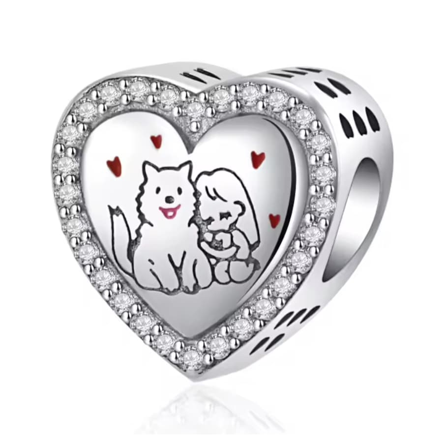 Berloque 100% prata 925 no formato de coração com menina e cachorro desenhados (pet/cão/amor) cod z4