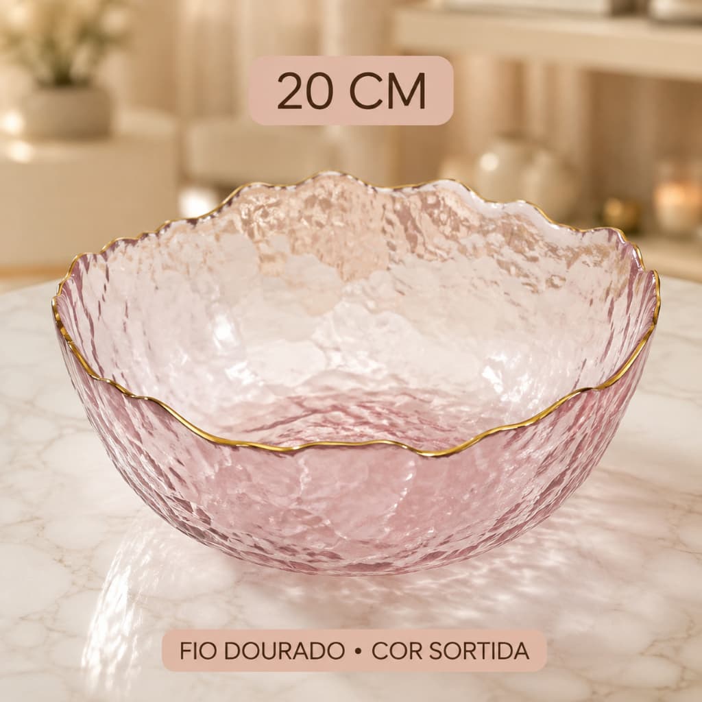 Travessa de Cristal Bowl  Rústico De Cristal Coloridos Fio Dourado 20cm