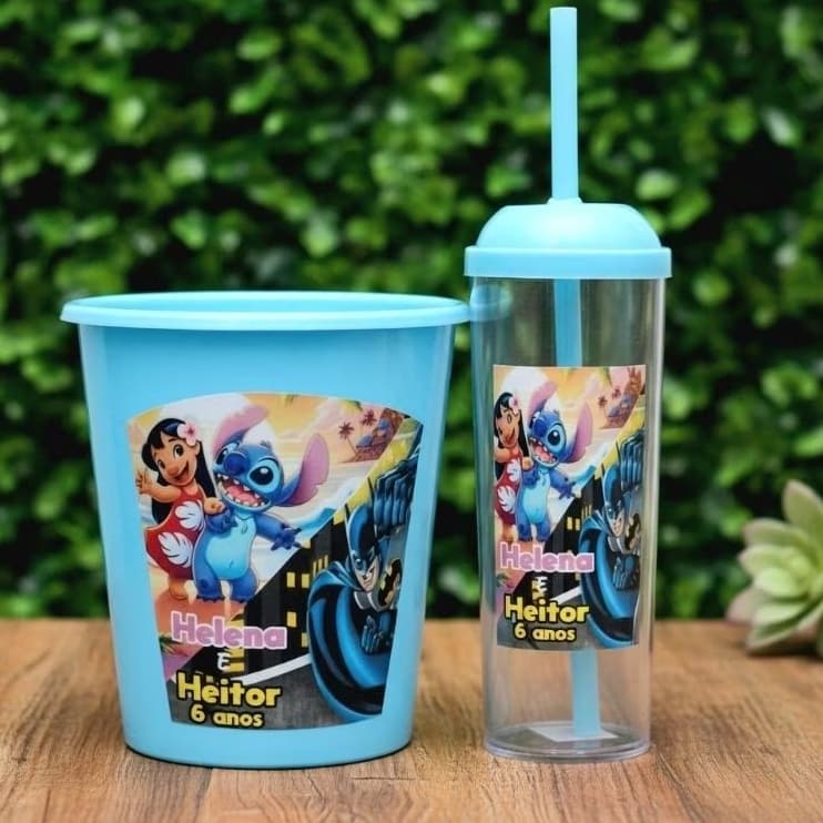kit  Baldinho e copo Personalizado Stich-Batman - Infantil- Lembrancinha-Brinde- Aniversário- Todos os Temas