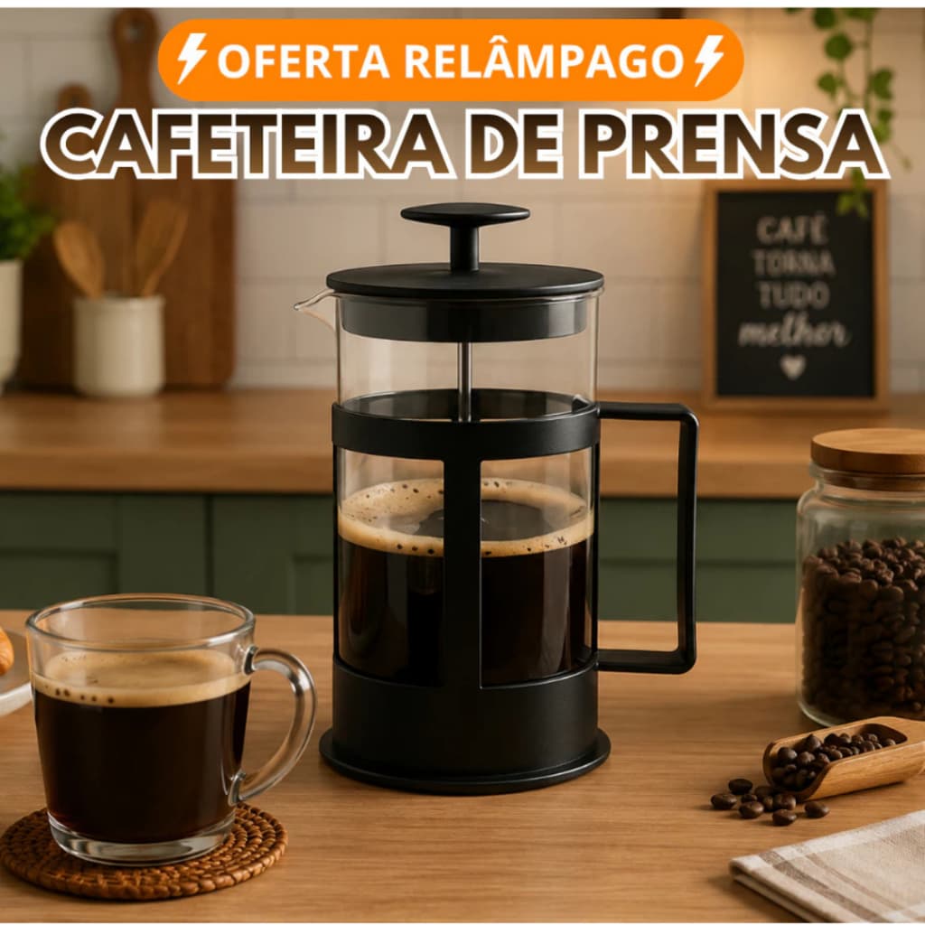 Cafeteira Prensa Francesa em Vidro e Inox  Filtro Removivel Coagem Rapida