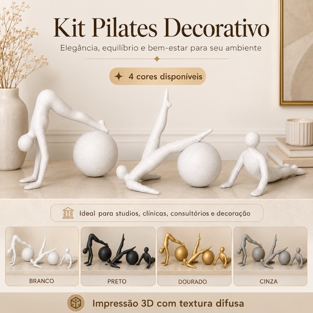 Kit Pilates Decorativo 3 Peças com Bola | Esculturas 3D para Studio, Clínica e Consultório
