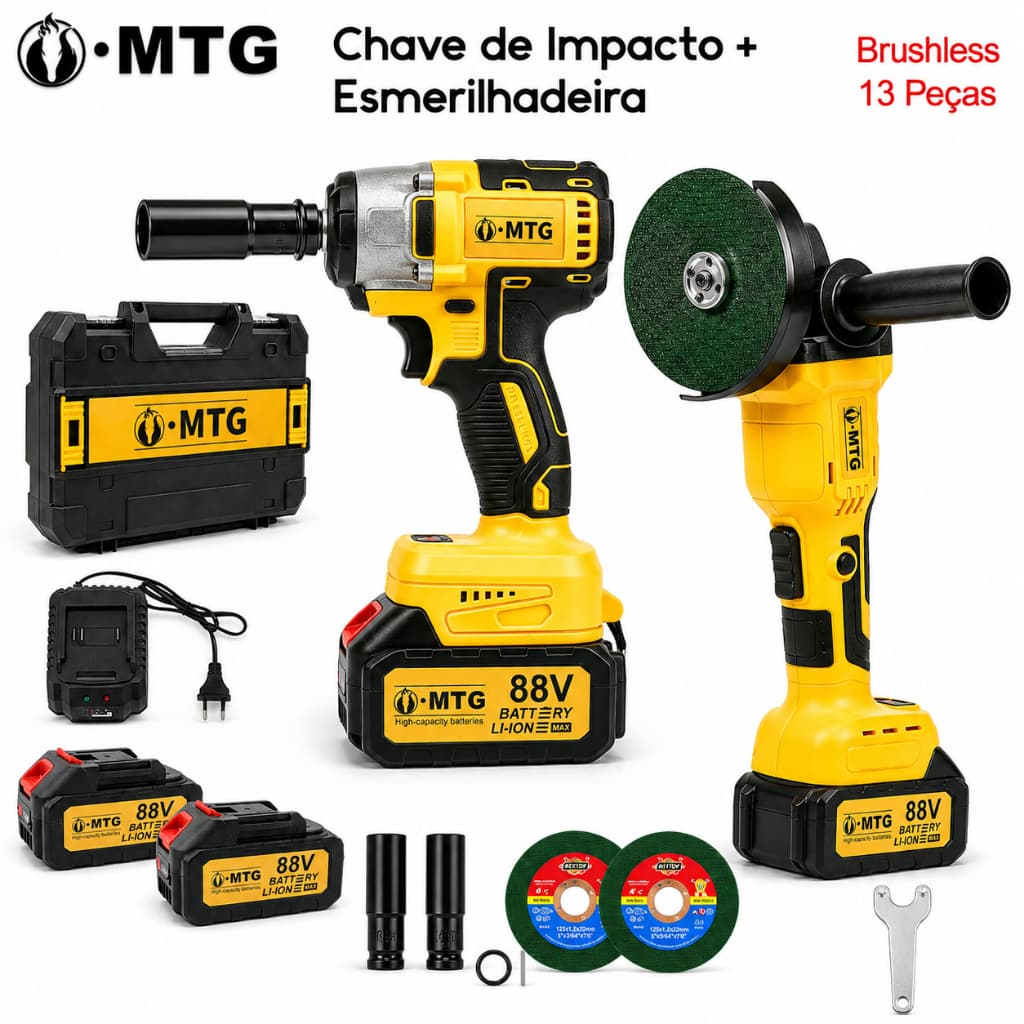 Kit Ferramentas MTG 2 em 1 21V, Chave de Impacto Brushless 800Nm + Esmerilhadeira 125mm 1000W, 2 Baterias