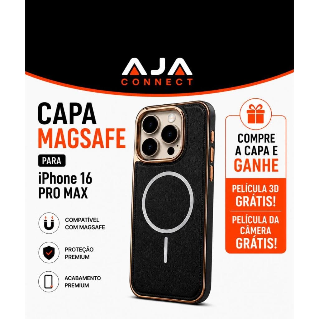 Capa MagSafe iPhone 16 Pro Max  Couro Preta Borda Dourada + Película 3D e Câmera Grátis