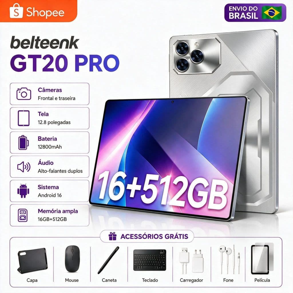 belteenk Tablet GT20 Pro -12.8 inch 16GB+512GB Android 15 12800mAh Ideal para Estudos e Jogos Combo com Teclado e Mouse