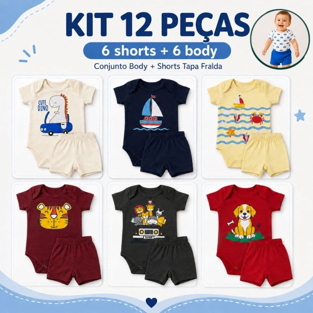 Kit 12 Peças Conjunto Infantil Menino Bebê 6 Body + 6 Shorts Estampados Tapa Fralda Manga Curta Algodão