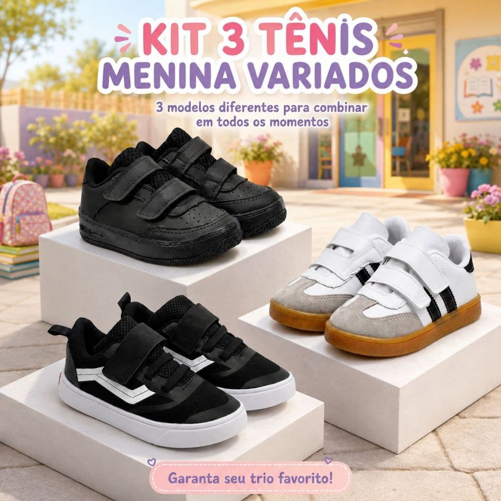 KIT 3 Tenis Casual De Menina Para Rotina | 3 Modelos Diferentes Para Combinar Com Tudo | GARANTA JÁ!