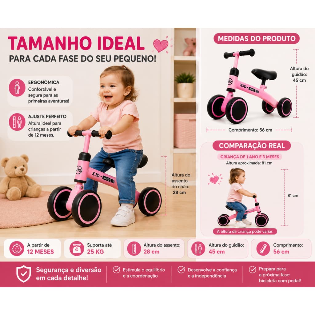 Bicicleta de Equilíbrio Infantil Sem Pedal Rosa a Partir de 12 Meses 25kg