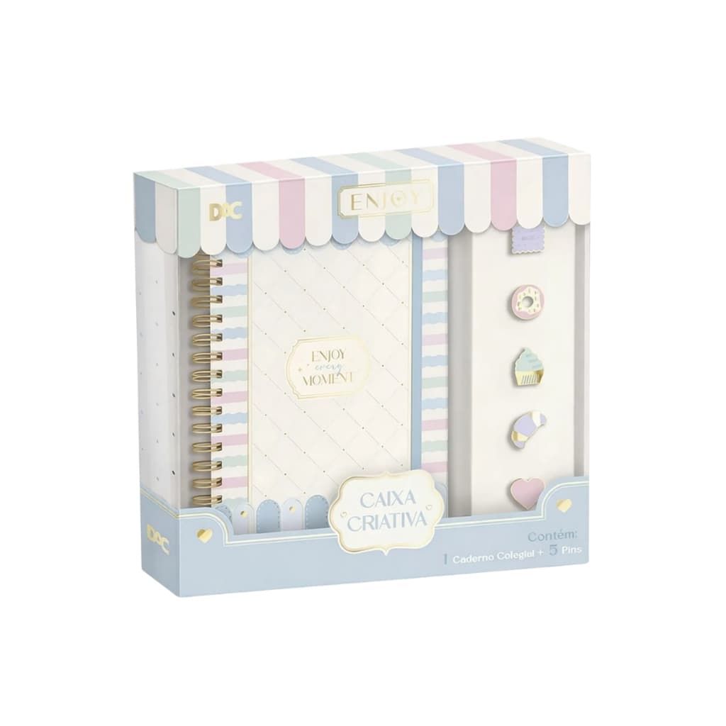 Caixa Criativa Enjoy DAC com Caderno Colegial Smart + 5 Pins Kit Papelaria Presente