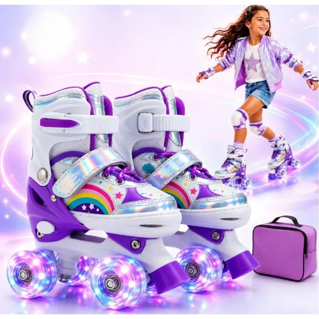 Patins Quad Infantil Arco Íris Roxo Com Ajuste De Tamanho Rodas Com Led Kit Proteção Segurança