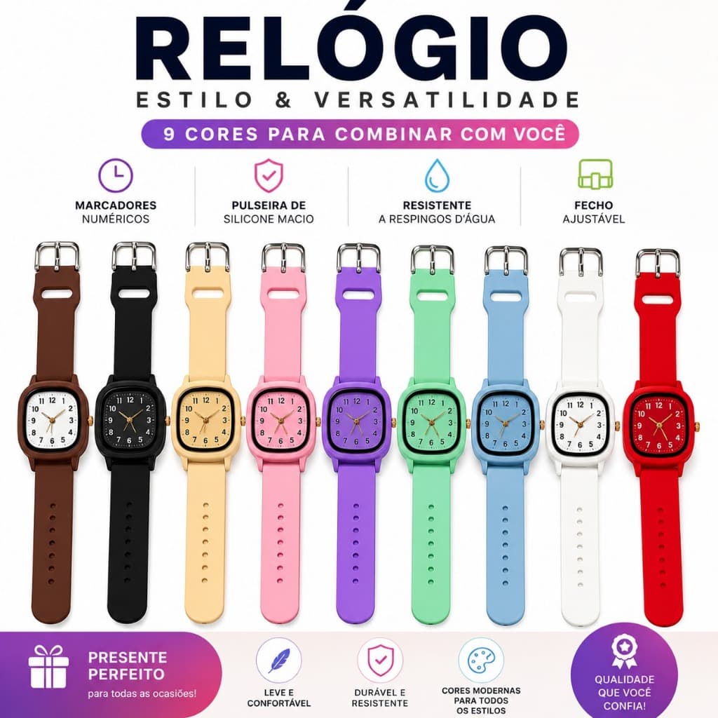 Relógio Analógico Unissex Pulseira Silicone 9 Cores Moderno