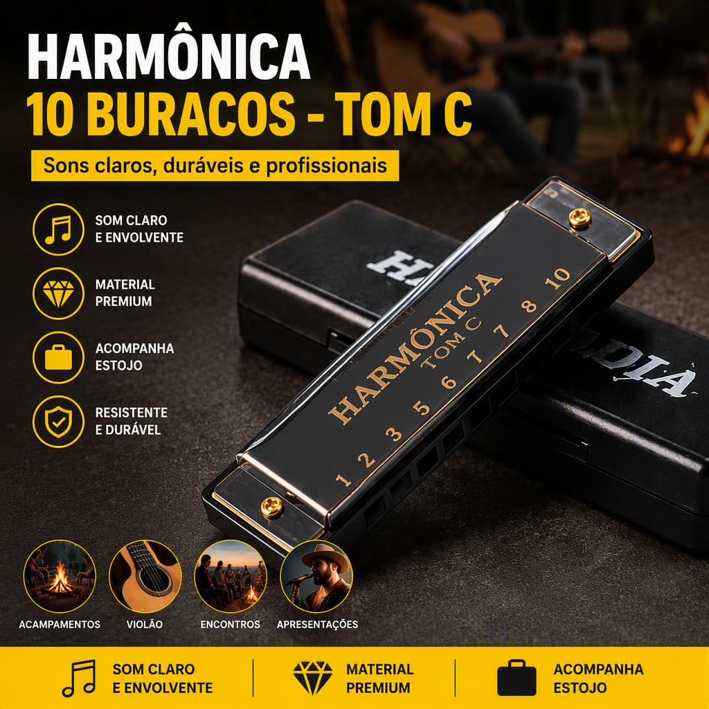 Gaita de Boca Harmônica 10 Furos Tom C Diatônica Blues para Iniciantes com Estojo Instrumento Musical gaita, Tom C