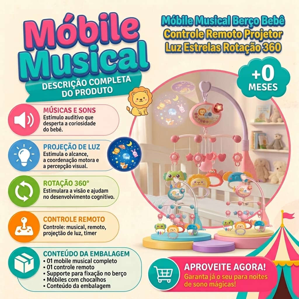 Mobile Musical Para Berco De Bebe Com Controle Remoto Projetor De Estrelas 360 Graus