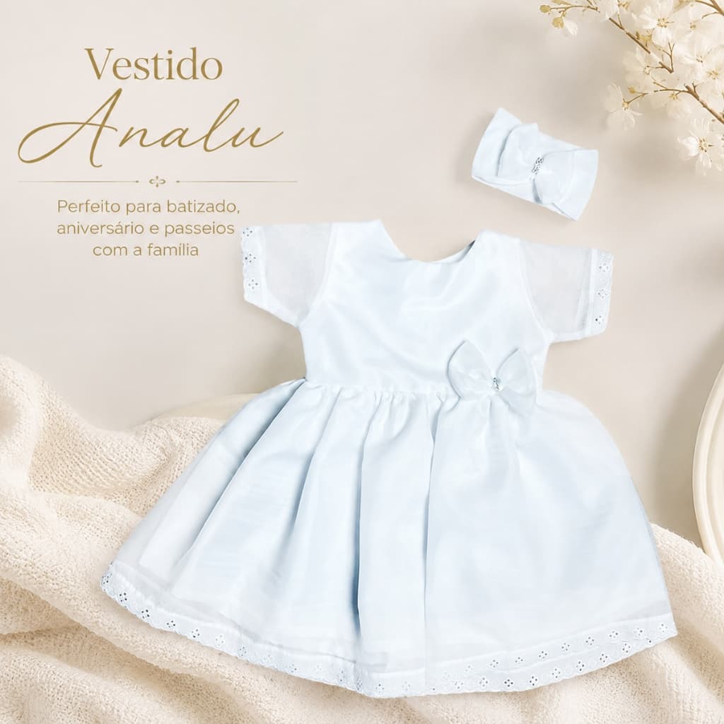 Vestido Para Batizado Menina com Faixa de Cabelo Festa Infantil Bebê 02 Peças