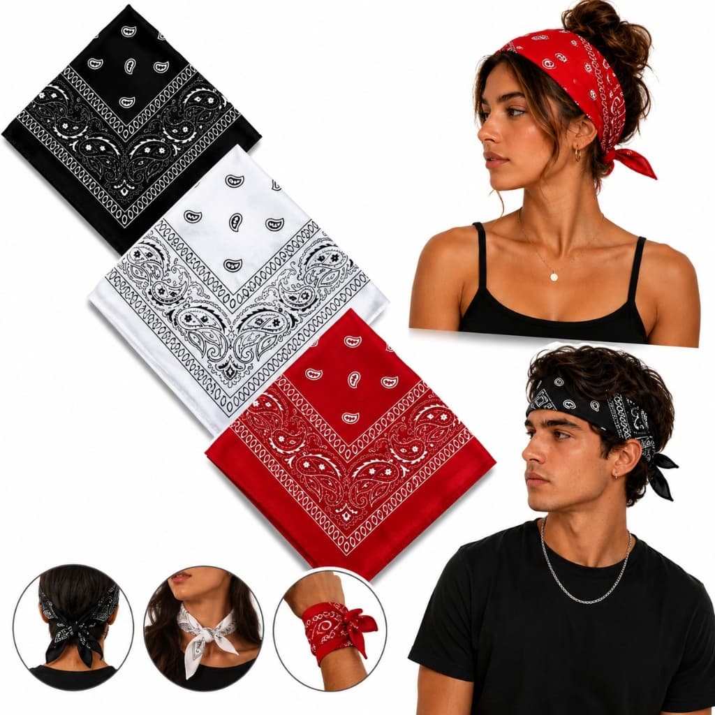 Kit 3 Bandanas Estampadas Preto Branco Vermelho Lenço Rock Máscara Trio