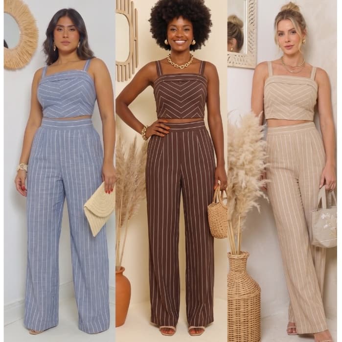 Conjunto Feminina Calça Pantalona Forrado E Cropped Com Bojo Em Tecido Linho Listrado Lastex Nas Costas